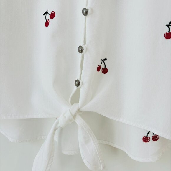 Billy T Cherry Embroidered Buttoned Tie Front Shirt White Sz S Cotton Summer Top - Picture 4 of 8